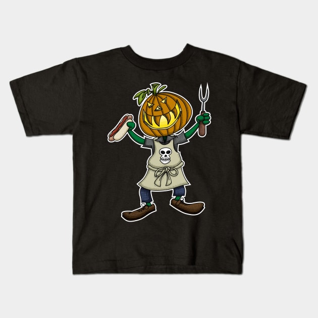 Pumpkin Head Grilling Kids T-Shirt by Wislander